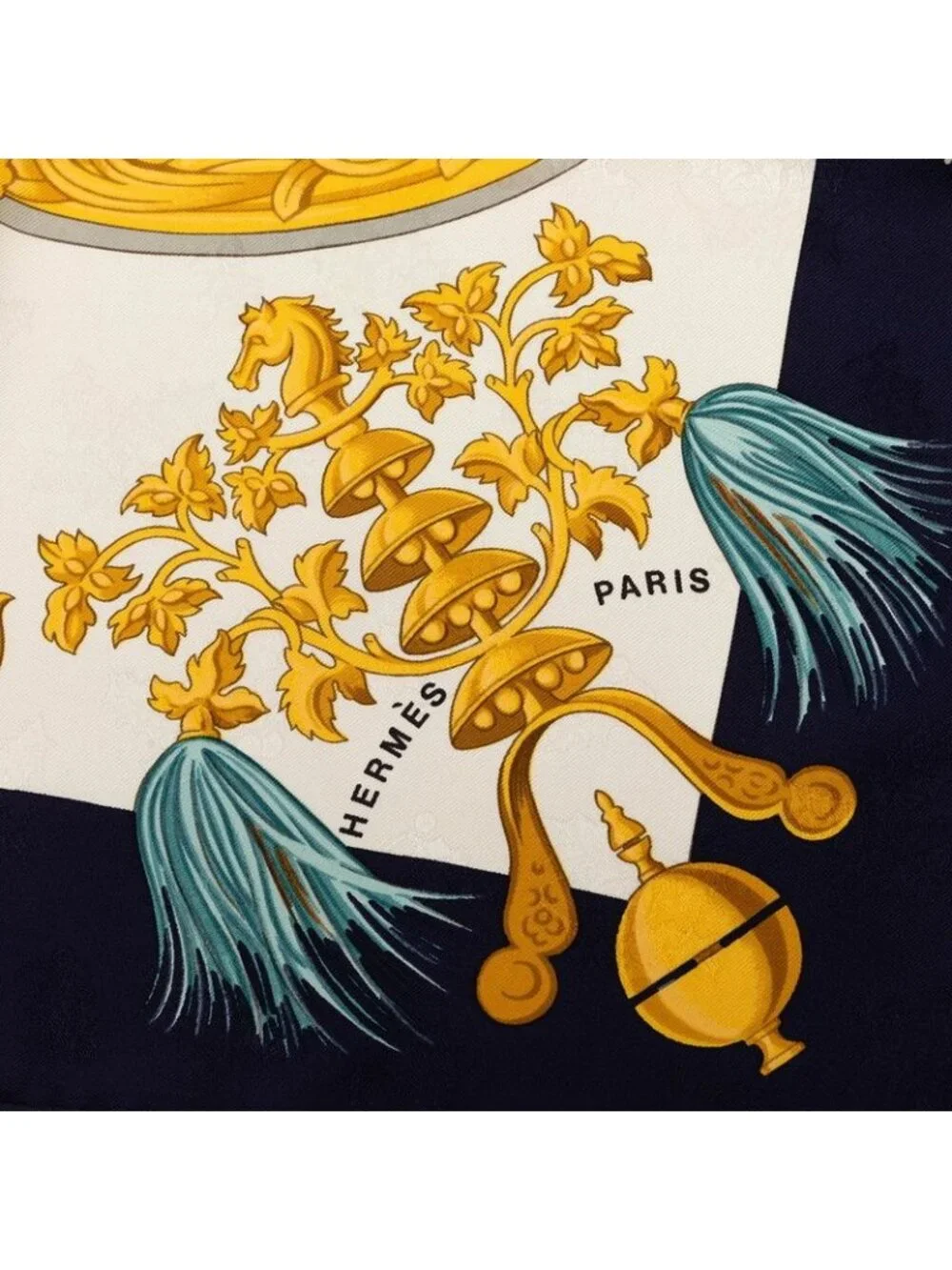 Hermes Carre 90 Plumes Et Grelots Feathers And Bells Scarf Navy White Silk